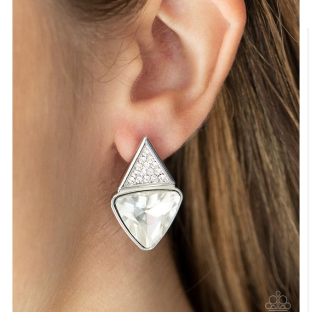 Silver and White Geometric Earrings with Sparkling Stones